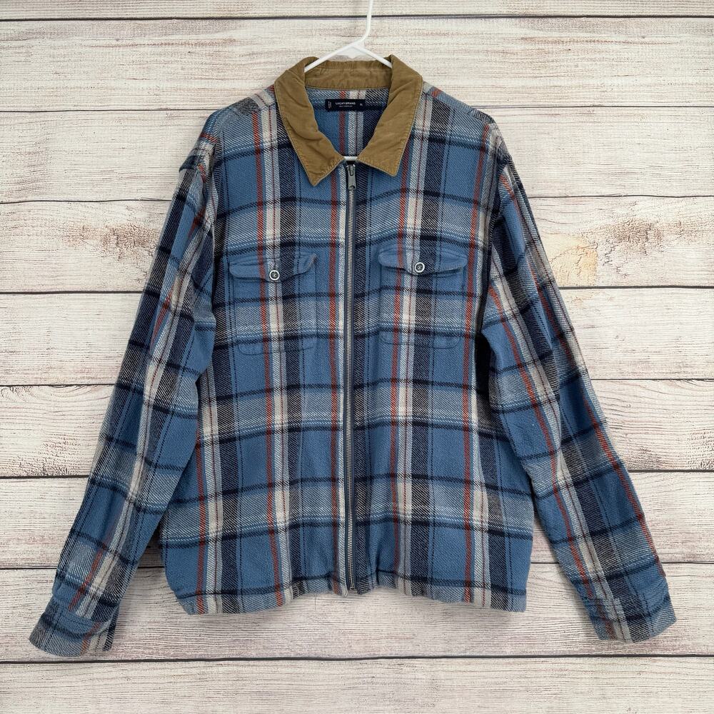 Lucky Brand Full Zip Plaid Flannel Shirt Jacket‎ Mens XL Blue Tan Cord Collar